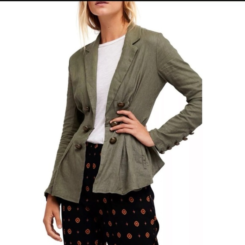 Free People Linen Blend Women's XS Camo Green Lightweight Military Blazer Jacket